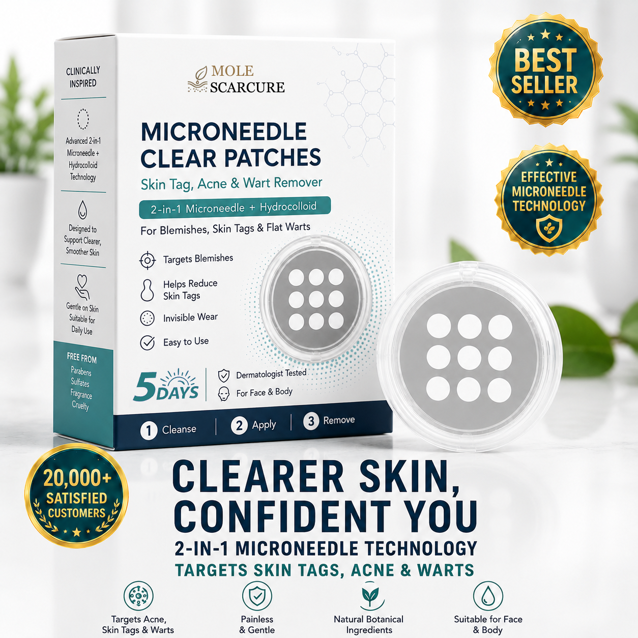 Molescarcure® 2-in-1 Microneedle & Hydrocolloid Patch🍀| Removes Raised Moles, Acne, Flat Warts & Skin Tags